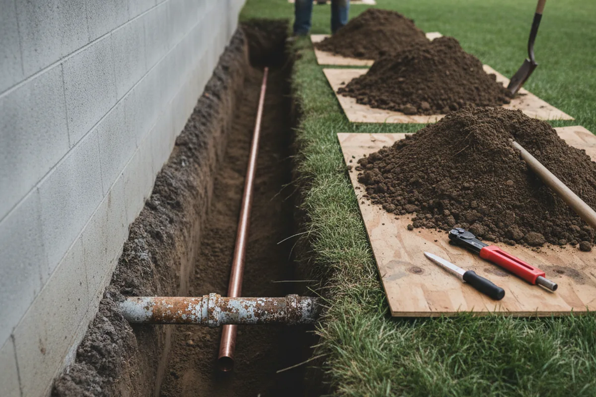 Excavated water line trench during Water Heater Repair in Cloverdale